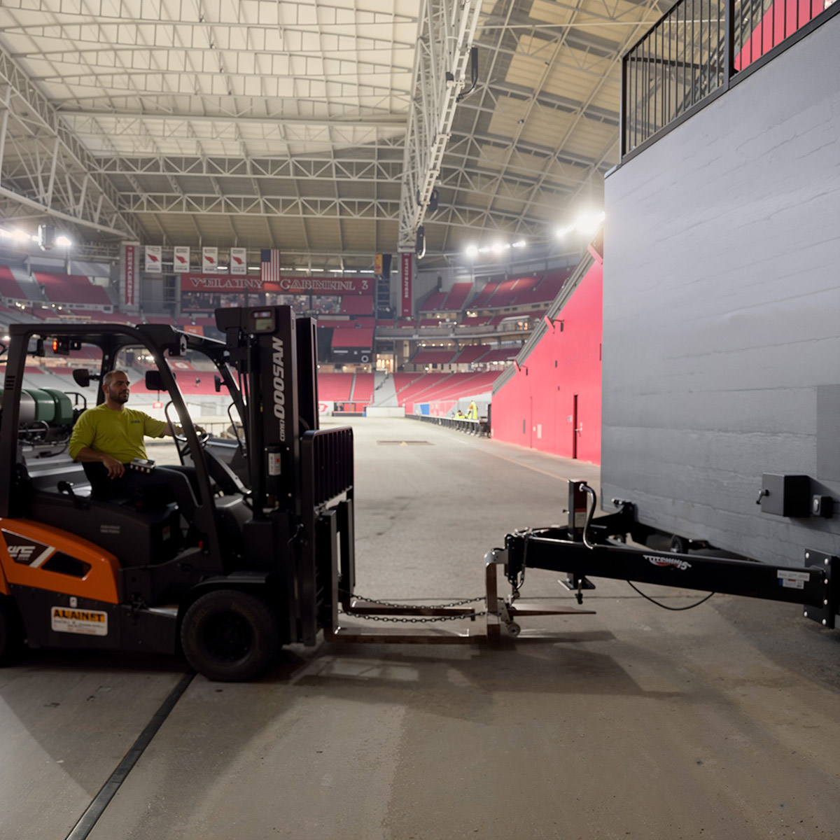 Perch modular unit moved by forklift in a stadium